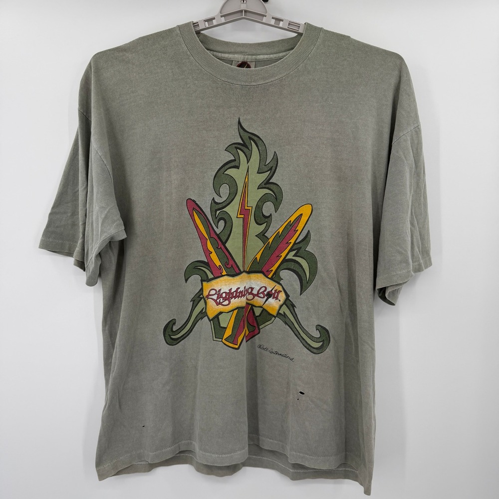 Vintage Lightning Bolt Surf T-Shirt XL Green Single Stitch Made in USA 90s Tee